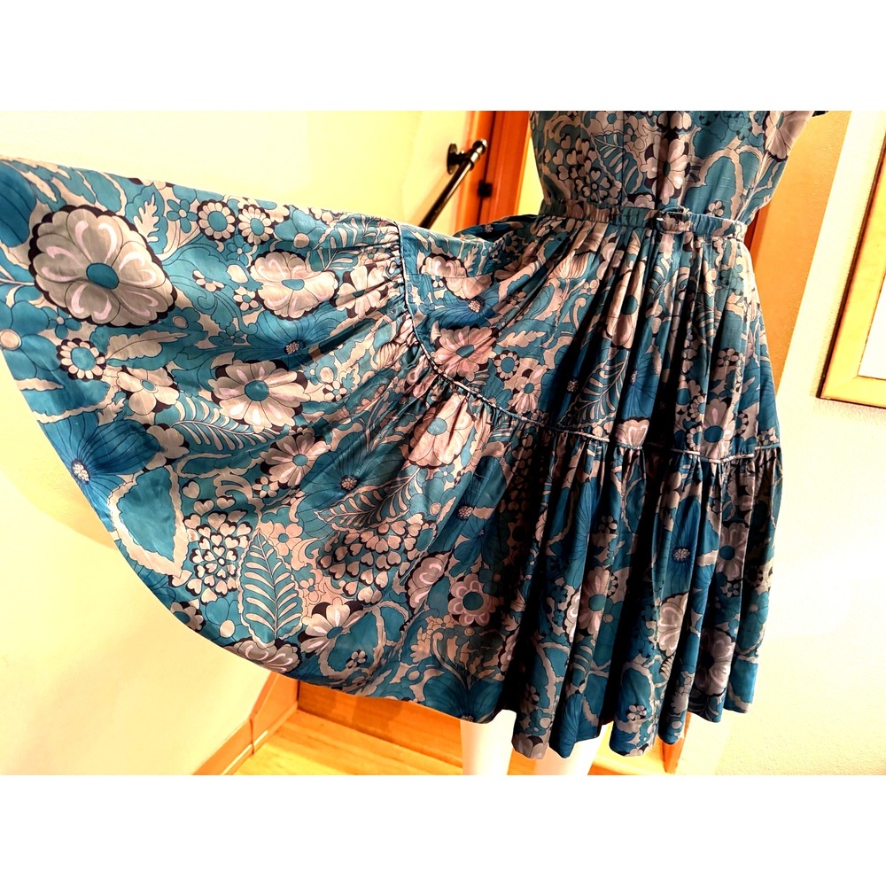 VTG Handmade Floral Silk Tiered Dress with Very Full Skirt Turquoise Black Gray